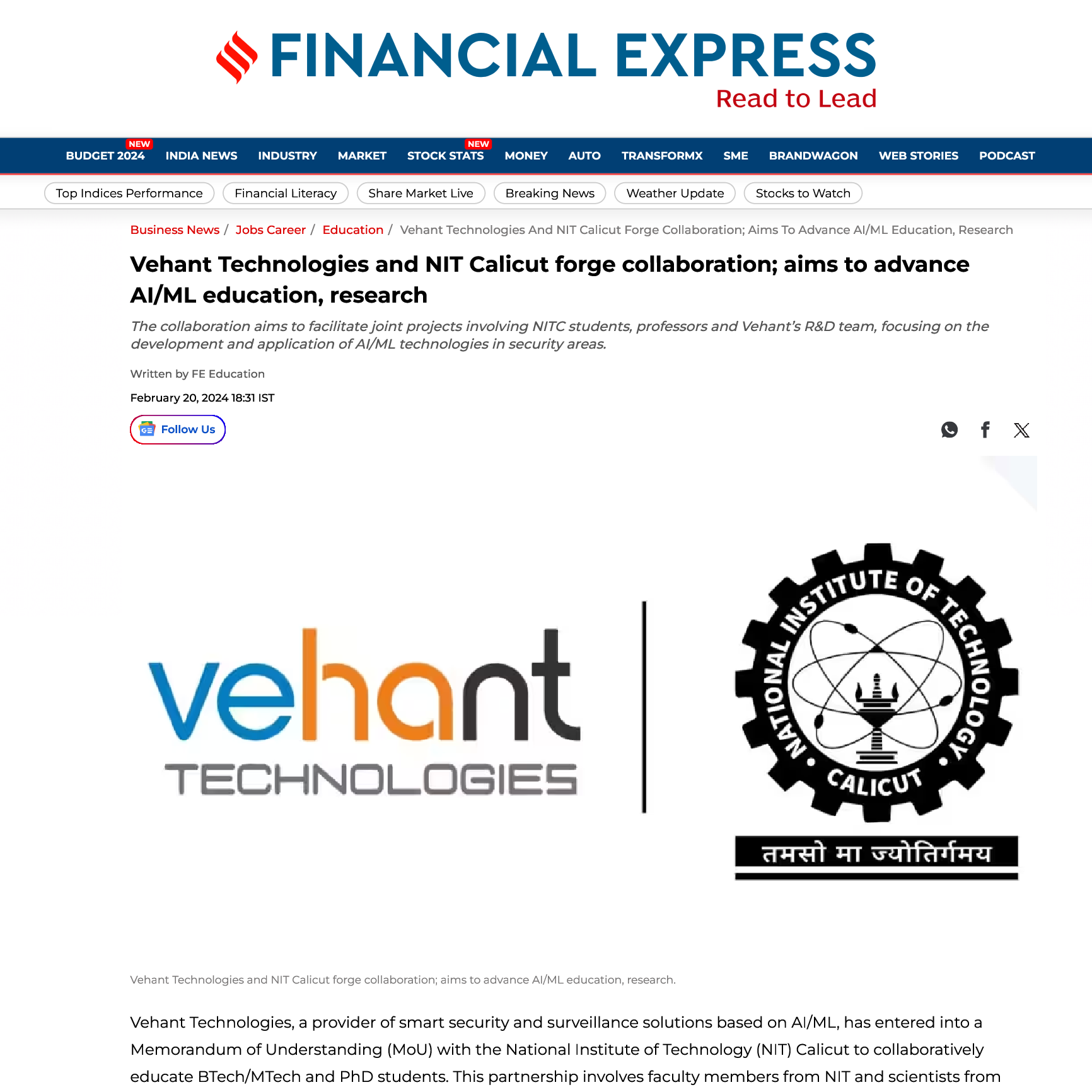 Vehant Technologies and NIT Calicut forge collaboration aims to advance AI/ML education research